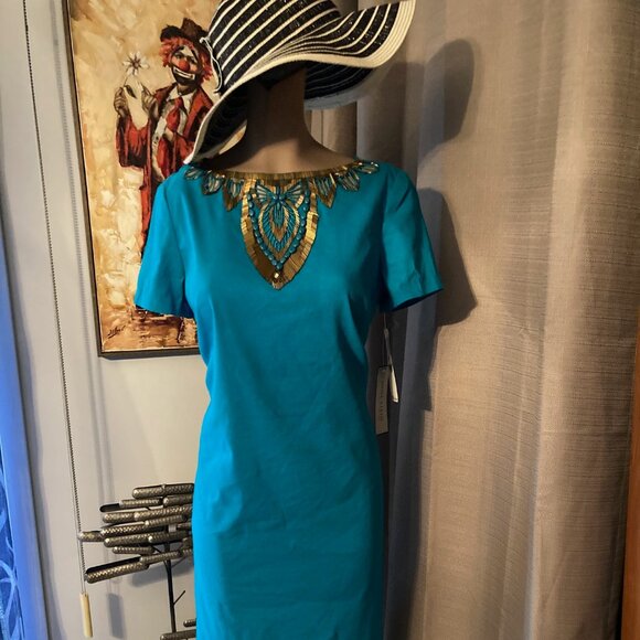 FAB LUX ANNE KLEIN NY BEJEWLED SHEATH LETS PARTY LINEN BLEND DRESS TURQUOISE - Picture 3 of 11